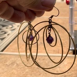 Brass hoop earrings with faceted amethyst beads